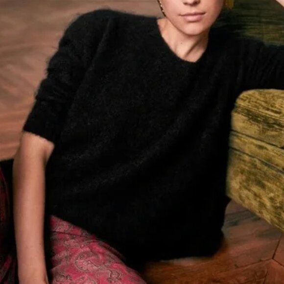 Sezane Aurette Jumper Sweater Black Noir French V Neck Bow Knit - Picture 2 of 10